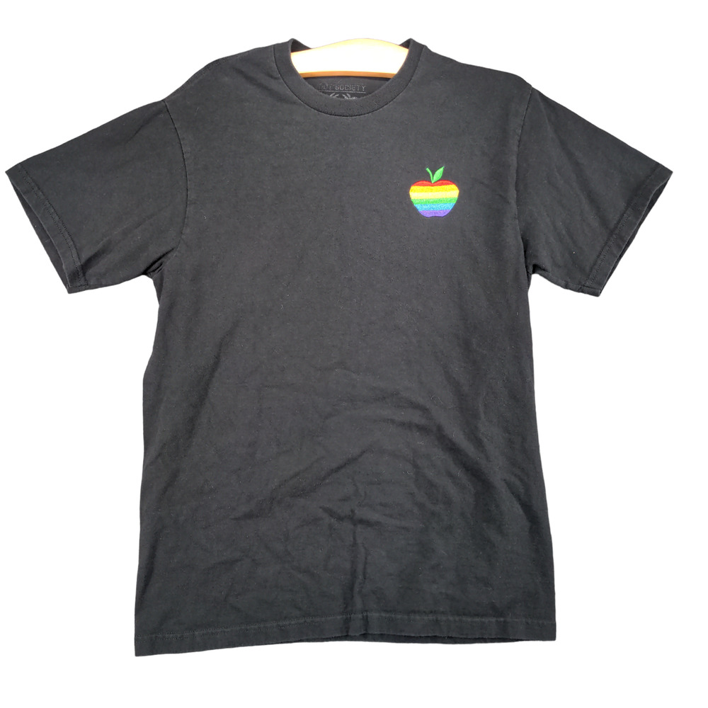 Riot Society Mens Apple Rainbow T-Shirt Black Medium Embroidered Logo